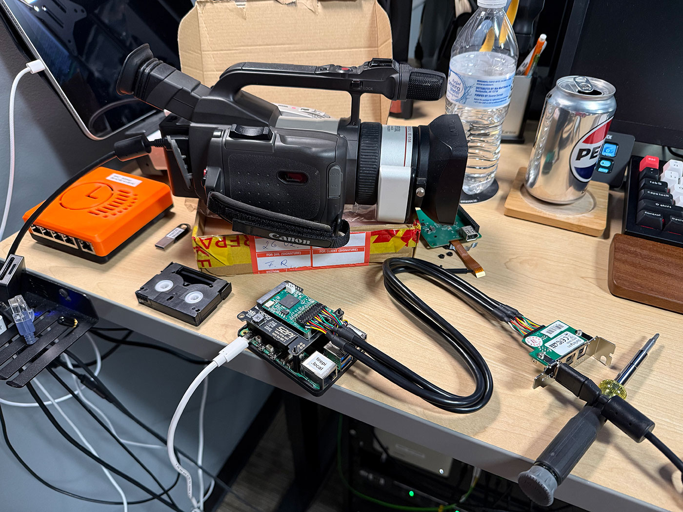 Canon GL1 connected to Raspberry Pi 5 via FireWire 400 Mini PCIe card