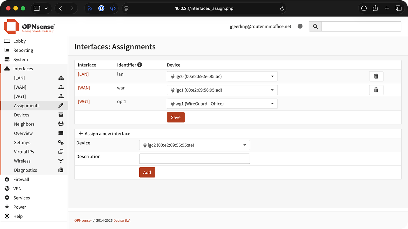 OPNsense Interface igc2 assignment