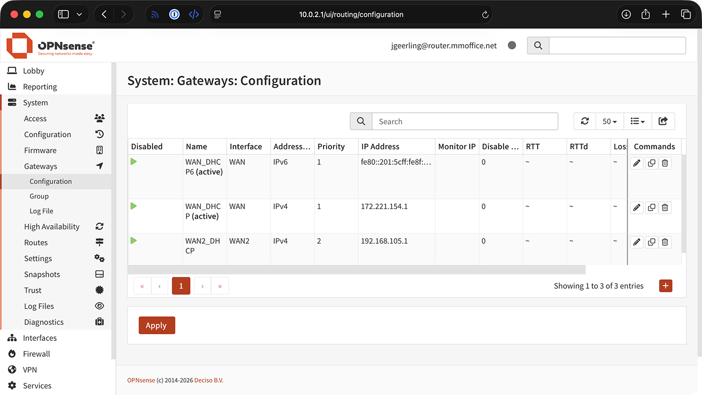 OPNsense Interface Gateway configuration page