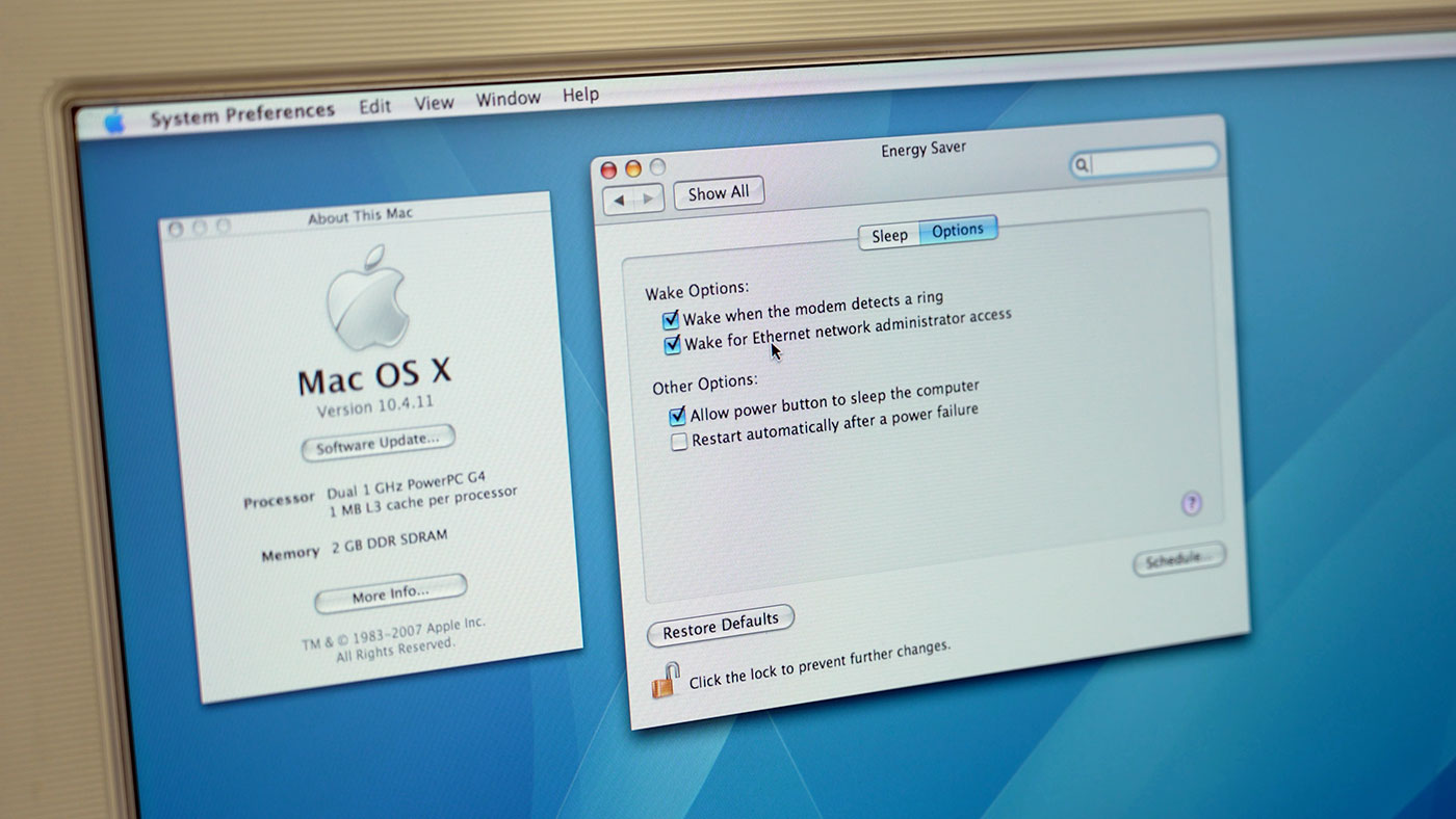 Energy Saver options in Mac OS X 10.4 include WoL and Power on after power failure