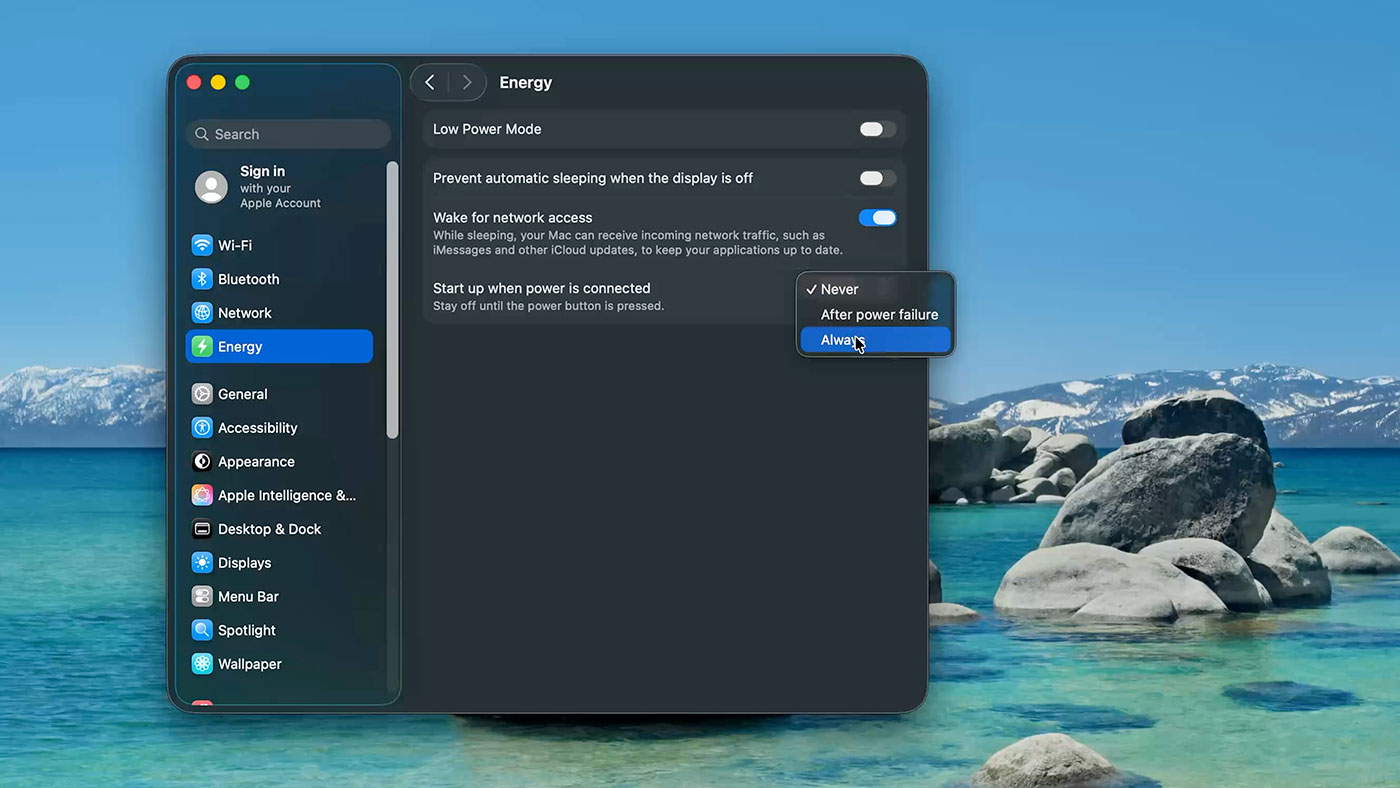 macOS Energy setting for Always starting when power is connected