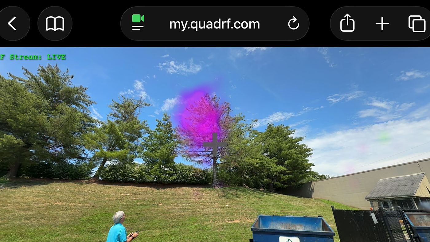 QuadRF showing 5 GHz signal over drone in augmented reality mode