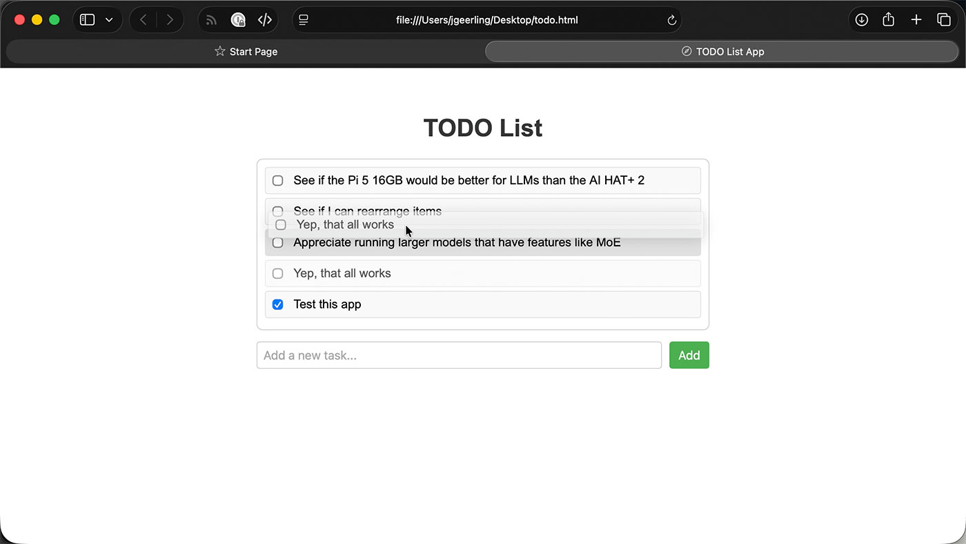 Raspberry Pi 16GB Qwen3 Generated TODO list app