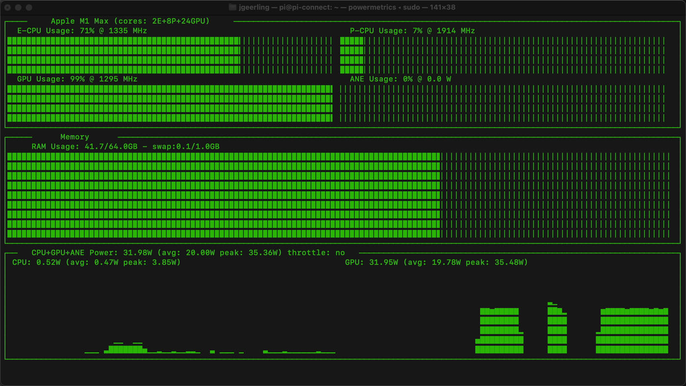 asitop running on macOS for CPU and GPU and power monitoring