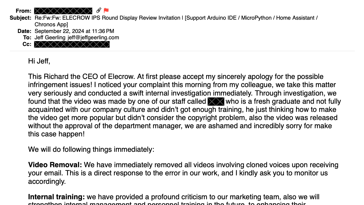 Elecrow - Richard CEO response email