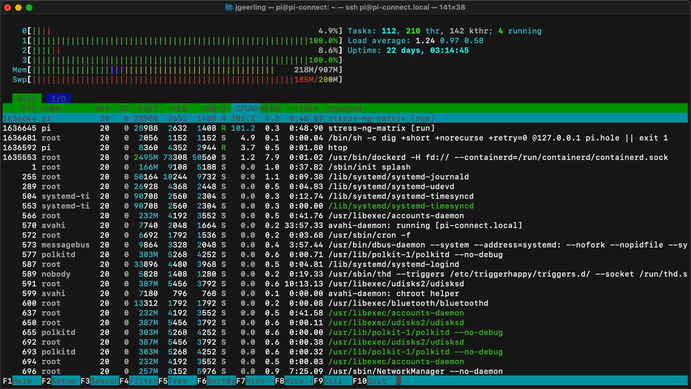 htop running in Linux for process and CPU monitoring