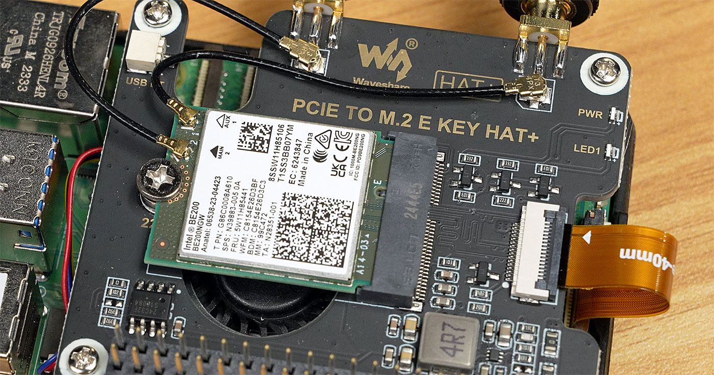 Intel BE200 Wireless WiFi 7 card on Waveshare HAT+ E-Key on Pi 5