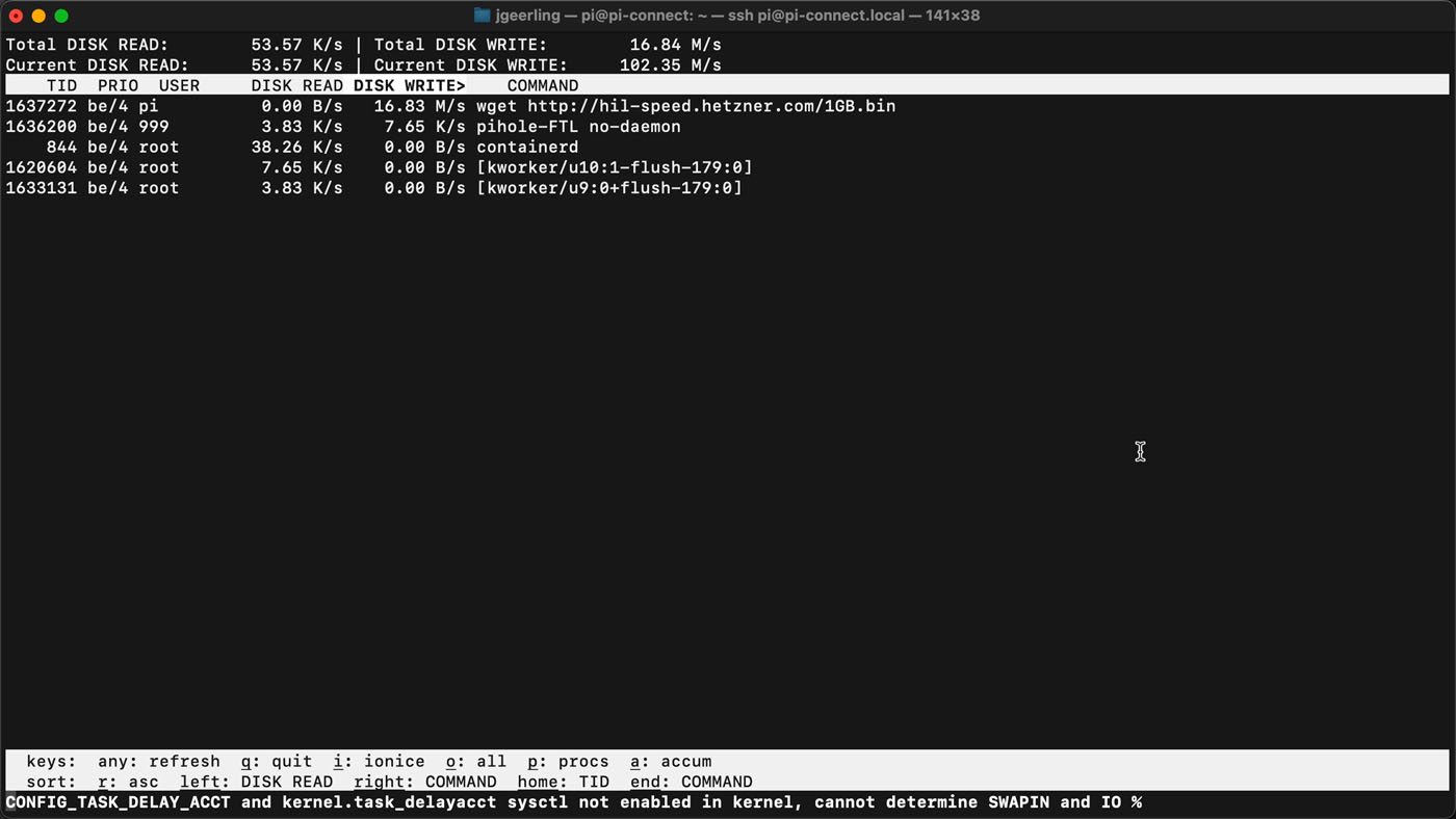 iotop running in Linux for disk IO monitoring