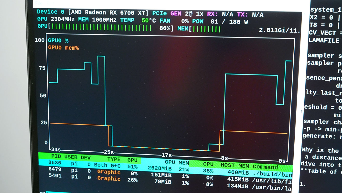 nvtop RX 6700 XT showing VRAM usage on Pi 5