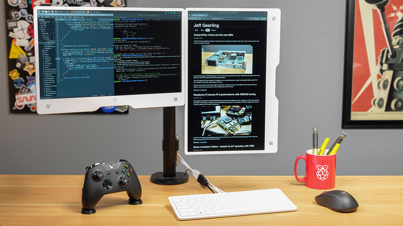 Pi 500 and dual monitor portrait coding session setup