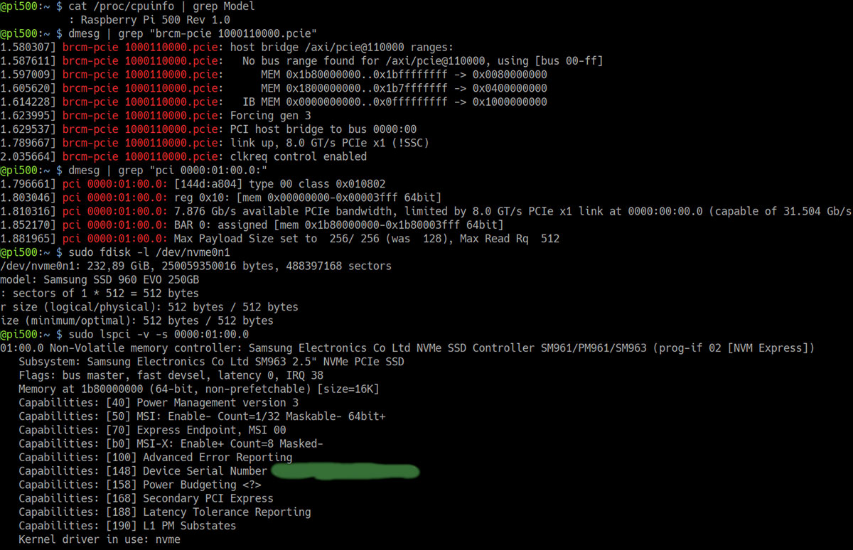 Pi 500 NVMe dmesg boot info