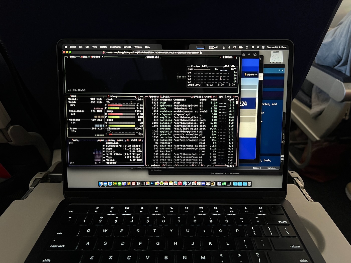 Pi Connect Remote Shell in airplane on laptop - btop